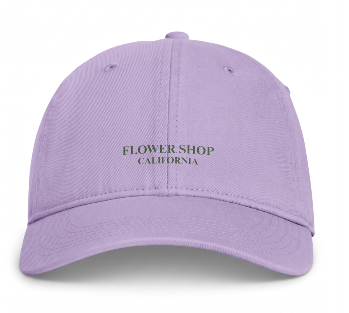 A light purple dad hat baseball cap with 'FLOWER SHOP CALIFORNIA' embroidered in dark green on the front, shown against a plain white background.